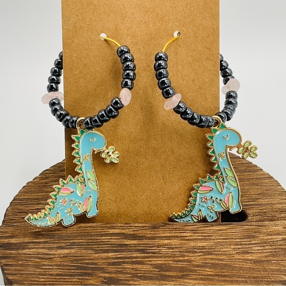 Dinosaur Earrings Hoops Anime Cartoon Rose Quartz Hematite Beads Jewelry Gift